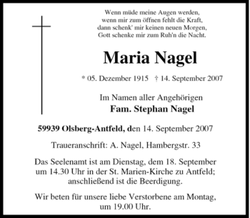 Traueranzeige von Maria Nagel von Tageszeitung