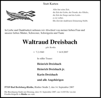 Traueranzeige von Waltraud Dreisbach von Tageszeitung