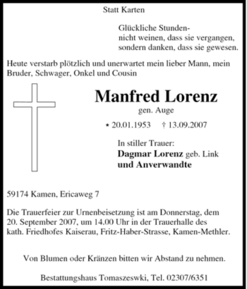 Traueranzeige von Manfred Lorenz von Tageszeitung