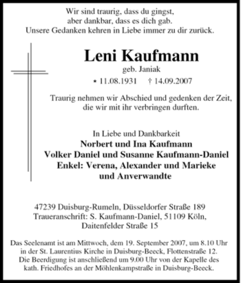 Traueranzeige von Leni Kaufmann von Tageszeitung