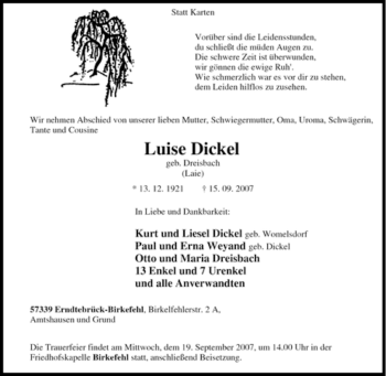 Traueranzeige von Luise Dickel von Tageszeitung