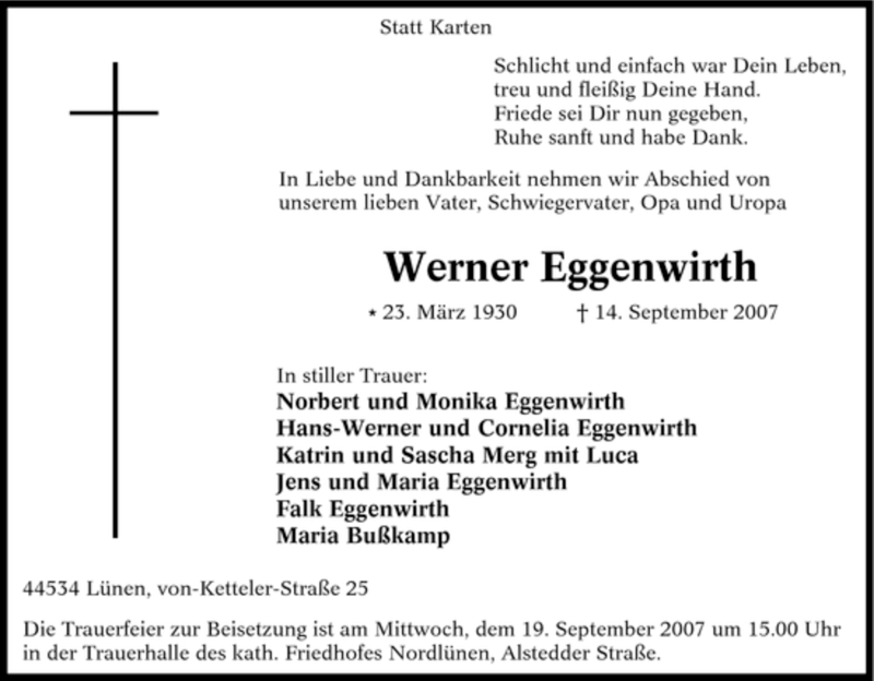 Traueranzeigen von Werner Eggenwirth TrauerinNRW.de