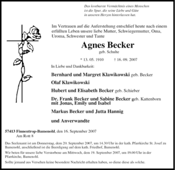 Traueranzeige von Agnes Becker von Tageszeitung