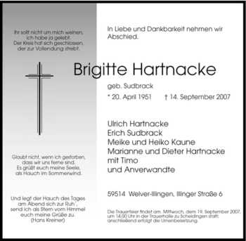 Traueranzeige von Brigitte Hartnacke von Tageszeitung