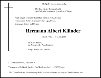 Traueranzeige von Hermann Albert Klünder von Tageszeitung