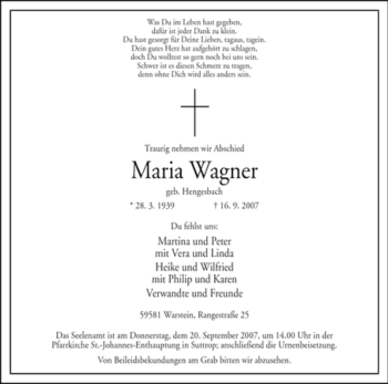 Traueranzeige von Maria Wagner von Tageszeitung