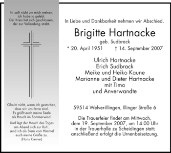 Traueranzeige von Brigitte Hartnacke von Tageszeitung