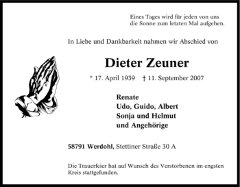 Traueranzeige von Dieter Zeuner von Tageszeitung