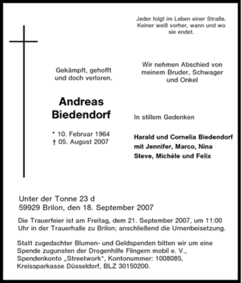 Traueranzeige von Andreas Biedendorf von Tageszeitung