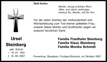 Traueranzeige von Ursel Steinberg von Tageszeitung