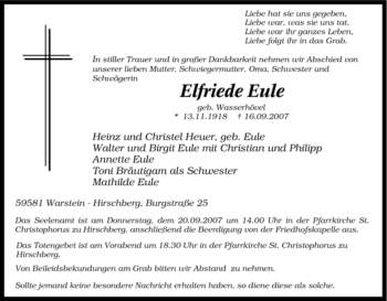 Traueranzeige von Elfriede Eule von Tageszeitung