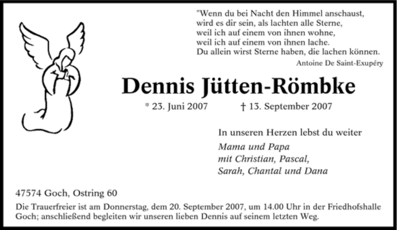 Traueranzeige für Dennis Jütten-Römbke vom 18.09.2007 aus Tageszeitung