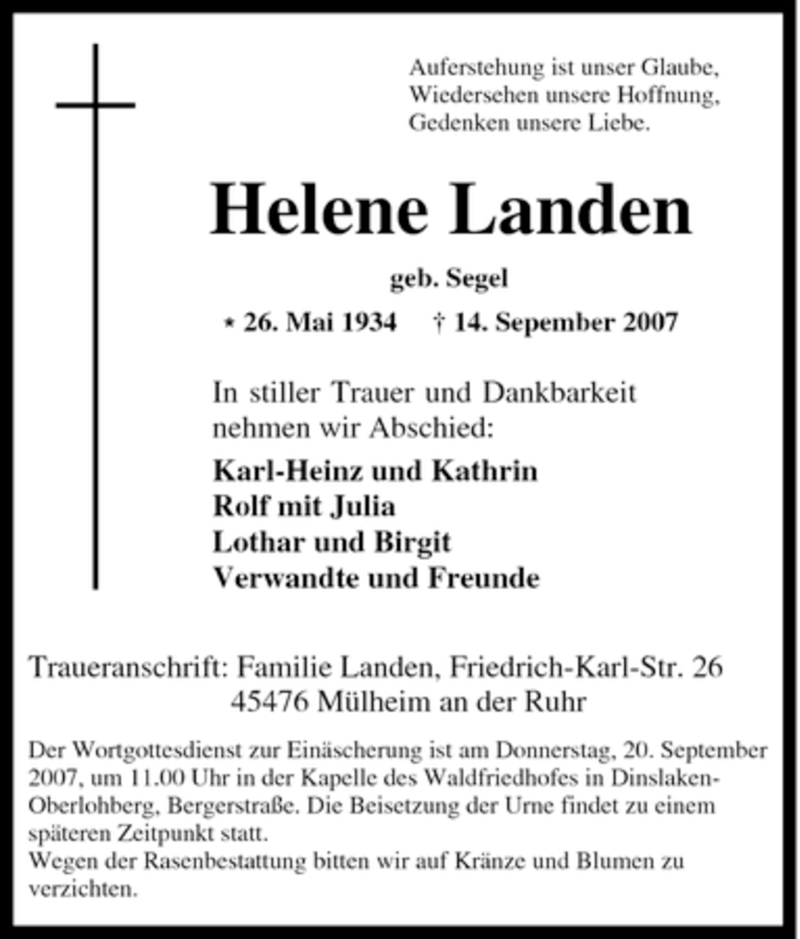  Traueranzeige für Helene Landen vom 18.09.2007 aus Tageszeitung