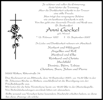 Traueranzeige von Anni Gockel von Tageszeitung
