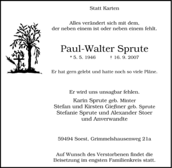 Traueranzeige von Paul-Walter Sprute von Tageszeitung