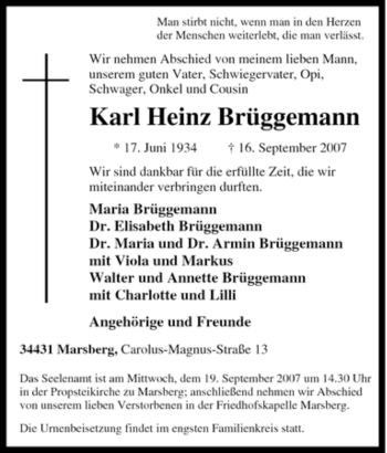 Traueranzeige von Karl Heinz Brüggemann von Tageszeitung