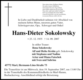 Traueranzeige von Hans-Dieter Sokolowsky von Tageszeitung