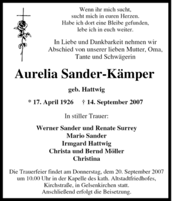 Traueranzeige von Aurelia Sander-Kämper von Tageszeitung