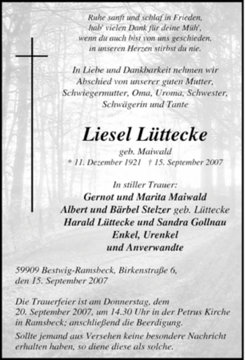 Traueranzeige von Liesel Lüttecke von Tageszeitung