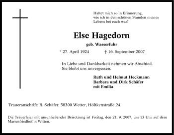 Traueranzeige von Else Hagedorn von Tageszeitung