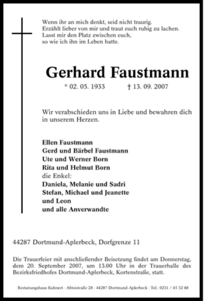  Traueranzeige für Gerhard Faustmann vom 18.09.2007 aus Tageszeitung