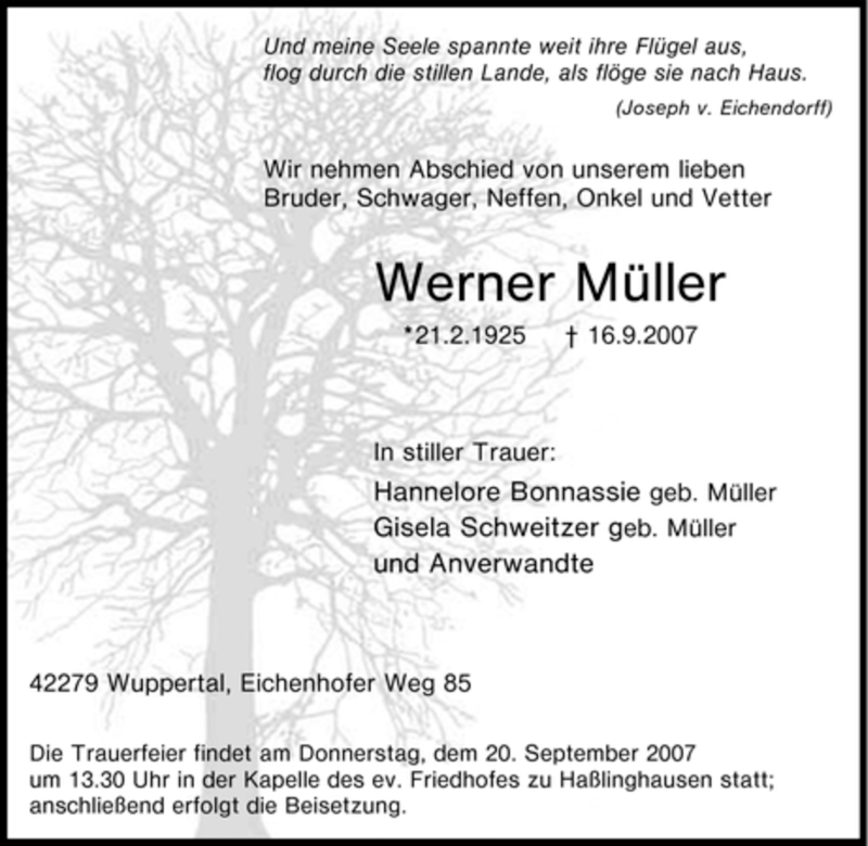  Traueranzeige für Werner Müller vom 18.09.2007 aus Tageszeitung