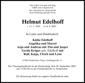 Traueranzeige von Helmut Edelhoff von Tageszeitung