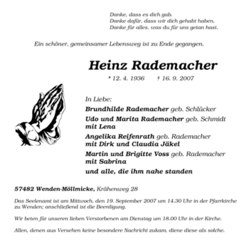 Traueranzeige von Heinz Rademacher von Tageszeitung