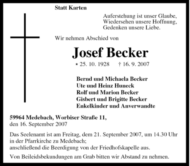  Traueranzeige für Josef Becker vom 18.09.2007 aus Tageszeitung