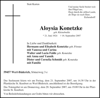Traueranzeige von Aloysia Konetzke von Tageszeitung