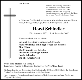 Traueranzeige von Horst Schindler von Tageszeitung