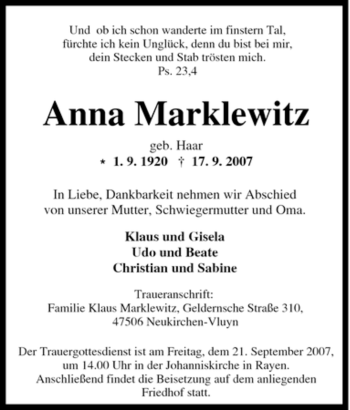 Traueranzeige von Anna Marklewitz von Tageszeitung