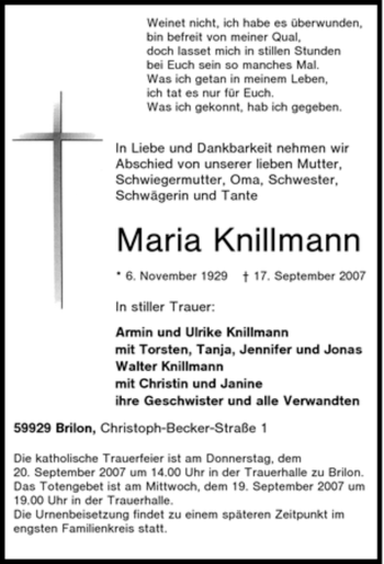 Traueranzeige von Maria Knillmann von Tageszeitung