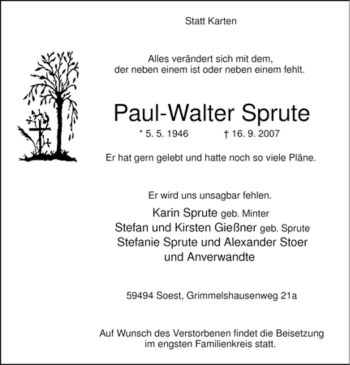 Traueranzeige von Paul-Walter Sprute von Tageszeitung