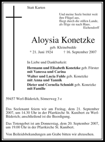 Traueranzeige von Aloysia Konetzke von Tageszeitung