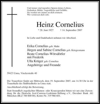Traueranzeige von Heinz Cornelius von Tageszeitung