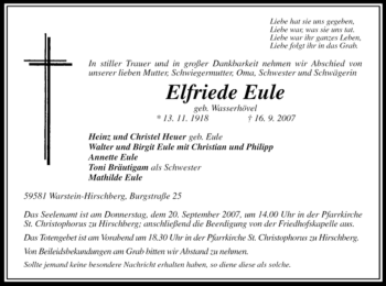 Traueranzeige von Elfriede Eule von Tageszeitung