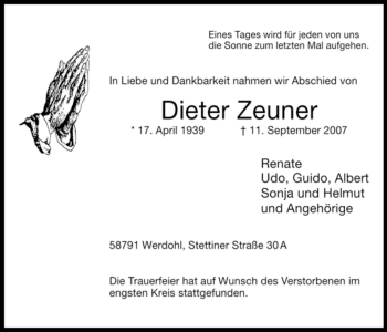 Traueranzeige von Dieter Zeuner von Tageszeitung