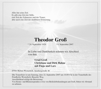 Traueranzeige von Theodor Groß von Tageszeitung
