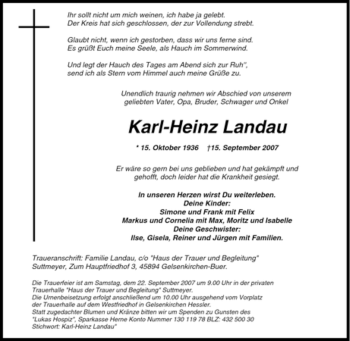 Traueranzeige von Karl-Heinz Landau von Tageszeitung