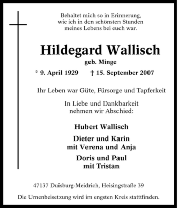 Traueranzeige von Hildegard Wallisch von Tageszeitung