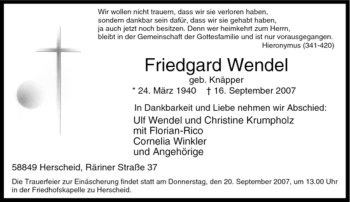 Traueranzeige von Friedgard Wendel von Tageszeitung