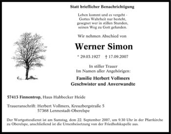 Traueranzeige von Werner Simon von Tageszeitung
