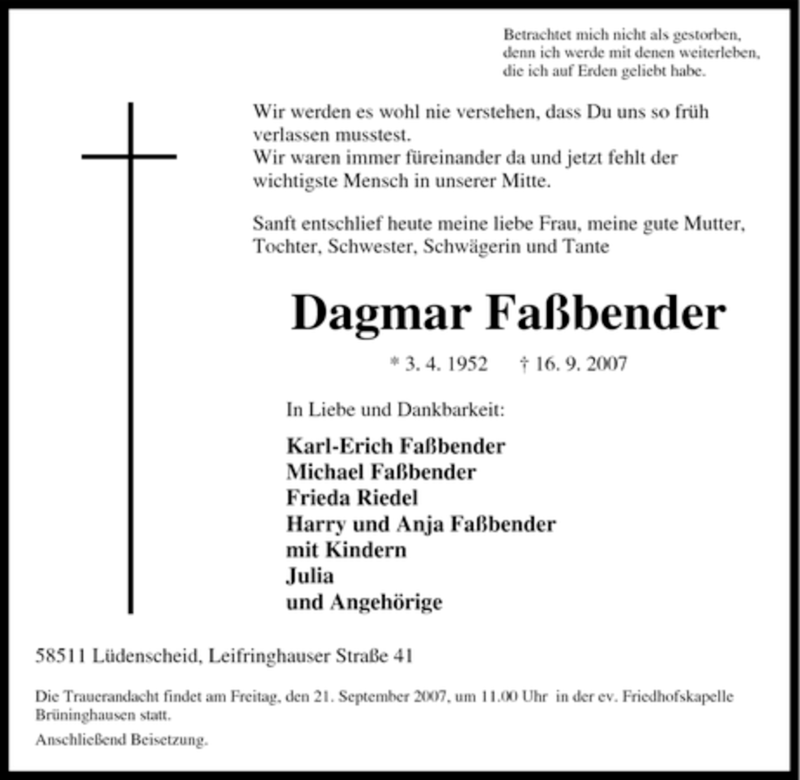  Traueranzeige für Dagmar Faßbender vom 19.09.2007 aus Tageszeitung