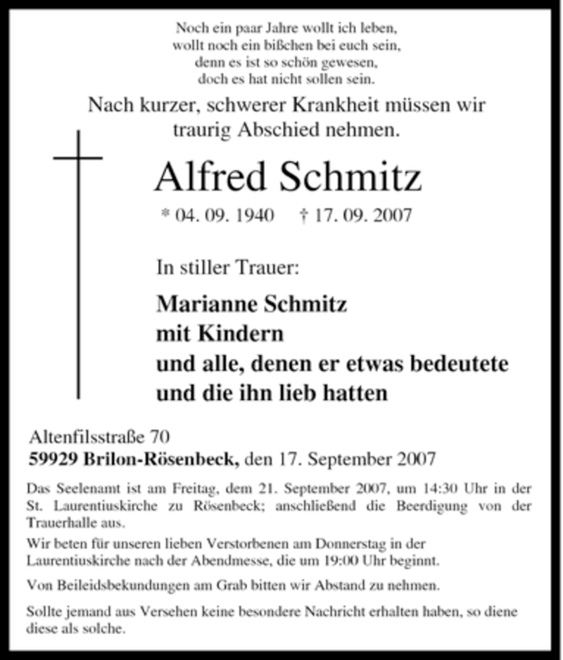  Traueranzeige für Alfred Schmitz vom 19.09.2007 aus Tageszeitung