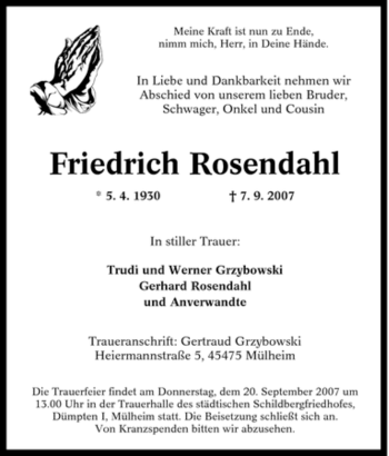 Traueranzeige von Friedrich Rosendahl von Tageszeitung