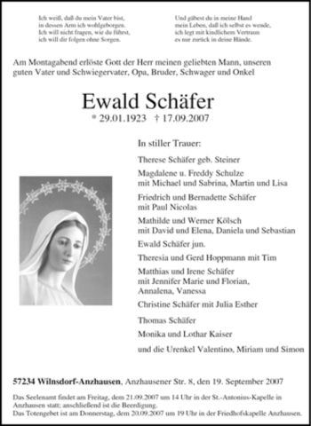 Traueranzeige von Ewald Schäfer von Tageszeitung