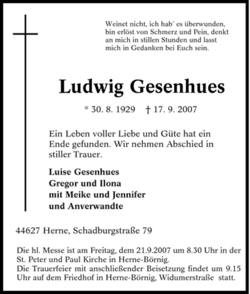  Traueranzeige für Ludwig Gesenhues vom 19.09.2007 aus Tageszeitung