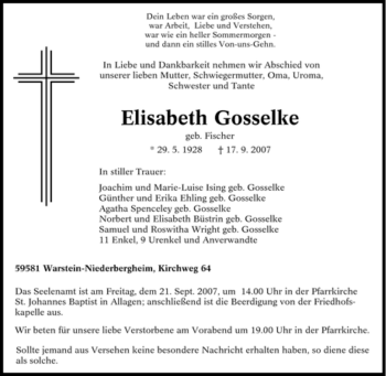 Traueranzeige von Elisabeth Gosselke von Tageszeitung