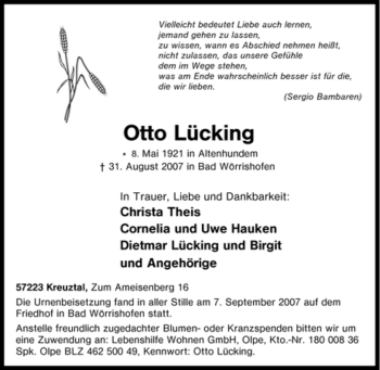Traueranzeige von Otto Lücking von Tageszeitung